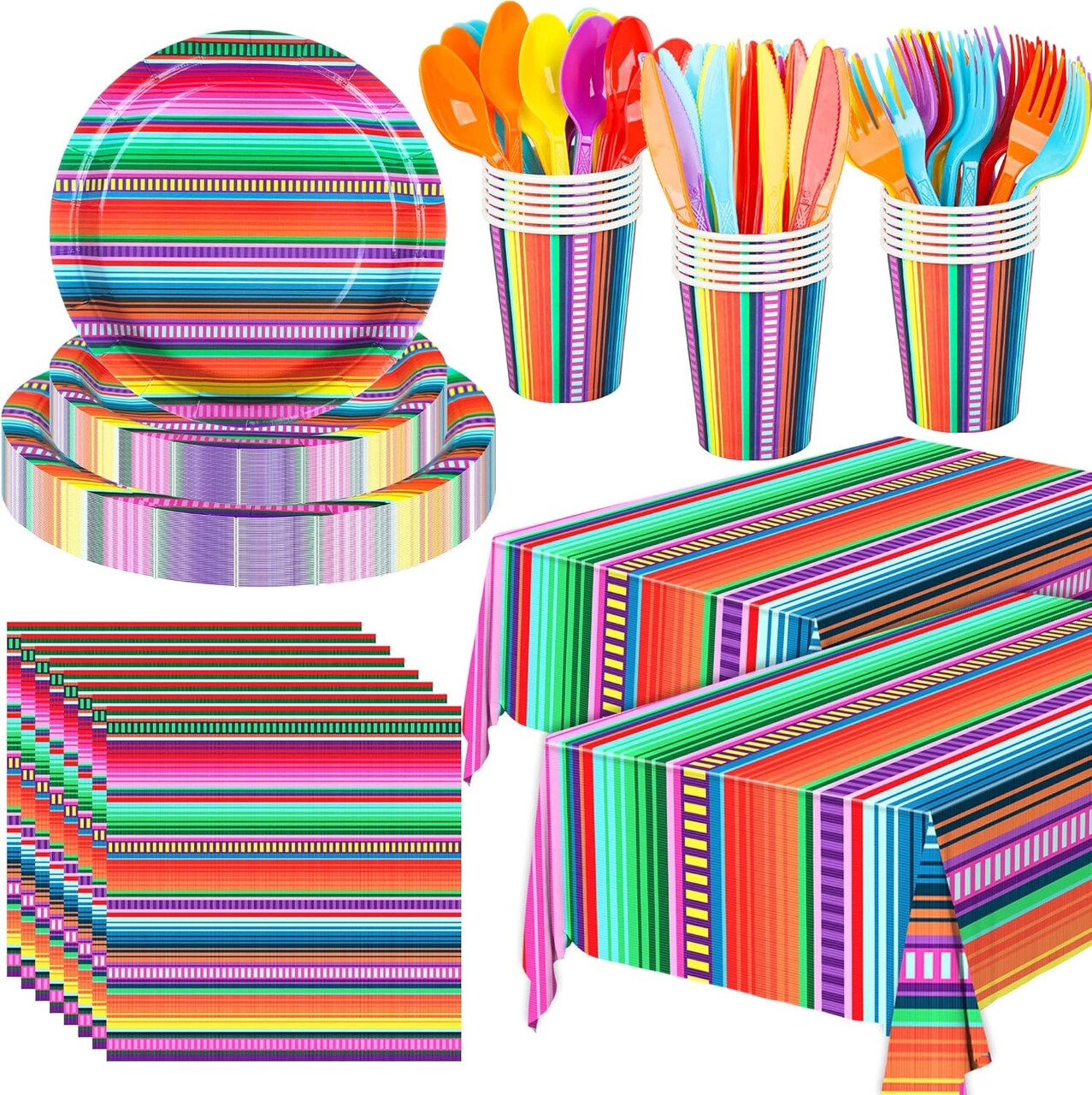 177 PCS Mexican Fiesta Party Supplies Fiesta Tableware Set Mexican Serape Paper Plates Napkins Cups Mexico Stripes Plastic Tablecloth for Cinco De Mayo Mexico Birthday Party